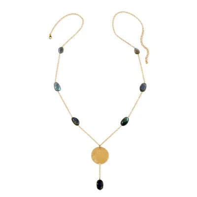 Heather Hawkins Jewelry Women's Blue Hand Hammered Coin Gemstone Drop Y Necklace - Labradorite - Gold-filled
