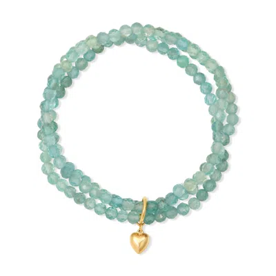 Heather Hawkins Jewelry Women's Blue Puff Heart Charm Three Strand Gemstone Stretch Bracelet - Gold-filled - Apatite In Green