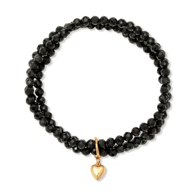 Heather Hawkins Jewelry Women's Blue Puff Heart Charm Three Strand Gemstone Stretch Bracelet - Gold-filled - Black Onyx