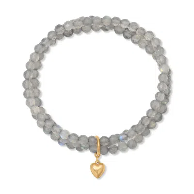 Heather Hawkins Jewelry Women's Blue Puff Heart Charm Three Strand Gemstone Stretch Bracelet - Gold-filled - Labradorite In Metallic
