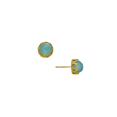 Heather Hawkins Jewelry Women's Blue Sleeping Beauty Dome Gemstone Stud Earrings - Aqua Chalcedony - Gold Vermeil