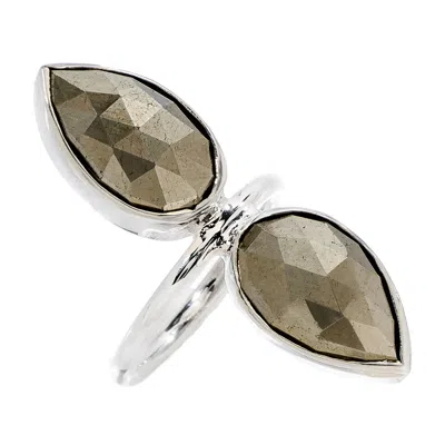 Heather Hawkins Jewelry Women's Gold Double Lotus Beauty Semi-precious Custom Cut Gemstone Ring - Sterling Silver - Pyrite