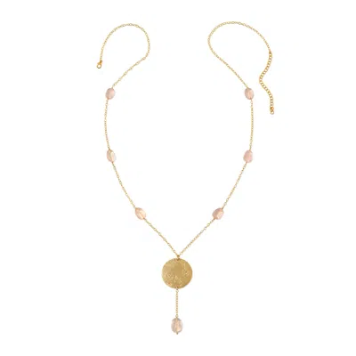 Heather Hawkins Jewelry Women's Pink Hand Hammered Coin Gemstone Drop Y Necklace - Rose Quartz - Gold-filled