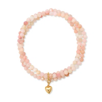 Heather Hawkins Jewelry Women's Puff Heart Charm Three Strand Gemstone Stretch Bracelet - Gold-filled - Pink Opal