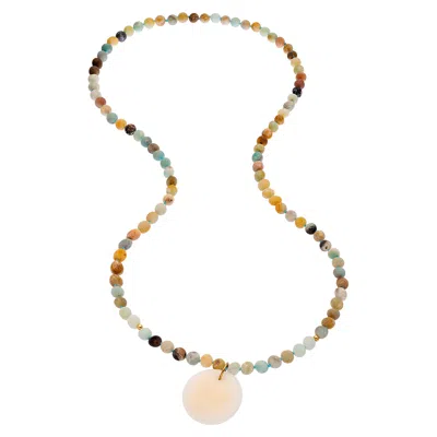 Heather Hawkins Jewelry Women's Rockabye Long Coin Beaded Gemstone Necklace - Matte Amazonite - White Jade Coin