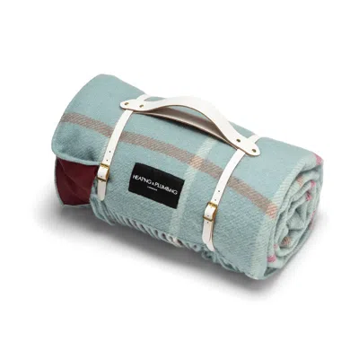 Heating & Plumbing London Blue / White Duck Egg Checked Pure New Wool Picnic Blanket With Short White Strap In Blue/white