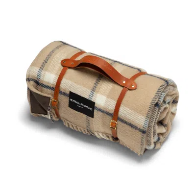 Heating & Plumbing London Brown / Neutrals Pure New Wool Picnic Blanket - Checkmate - Latte - Long Leather Strap