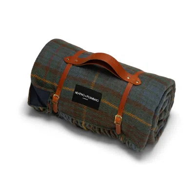 Heating & Plumbing London Green / Brown Pure New Wool Waterproof Picnic Blanket Classic Hunting Lodge - Short Leather Strap In Green/brown