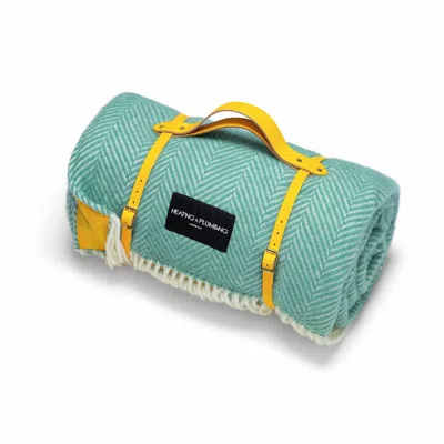 Heating & Plumbing London Green / Yellow Pure New Wool Waterproof Picnic Blanket Mint Green & Yellow With Short Leather Strap In Green/yellow