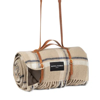 Heating & Plumbing London Neutrals Pure New Wool Picnic Blanket - Checkmate - Latte - Tan Leather Strap In Multi