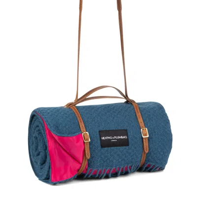 Heating & Plumbing London Pink / Purple Pure New Wool Waterproof Picnic Blanket - The Notting Hill - Long Tan Leather Strap