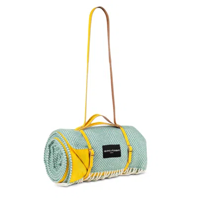 Heating & Plumbing London Pure New Wool Waterproof Picnic Blanket Mint Green & Yellow In Blue