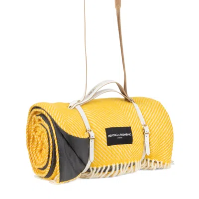 Heating & Plumbing London Yellow / Orange Pure New Wool Picnic Blanket - Somerset Dusk With Long White Leather Shoulder Strap