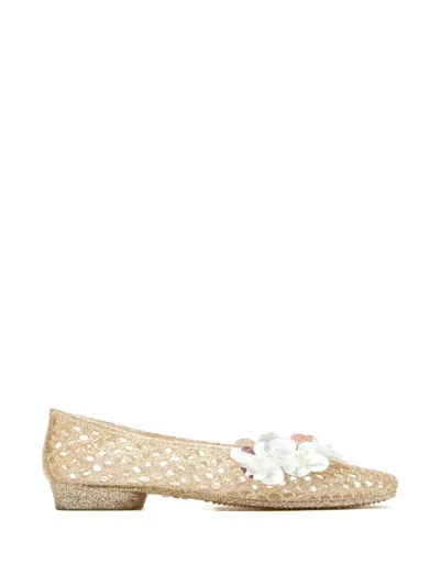 Heavenly Jelly Flower Appliqué Ballet Flats In Gold