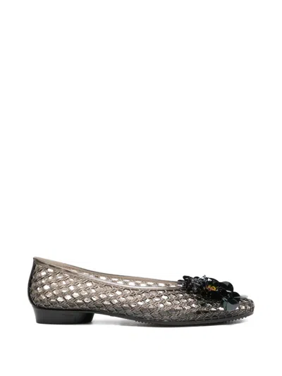 Heavenly Jelly Flower Embellishment Woven Ballet Flats In Black