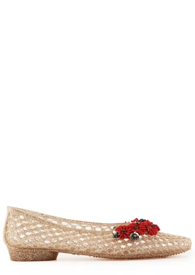 Heavenly Jelly Flower-embellished Jelly Ballet Flats In Gold