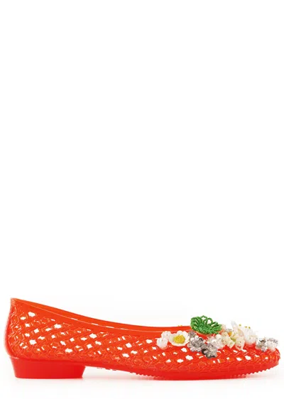 Heavenly Jelly Flower-embellished Jelly Ballet Flats In Red