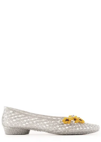 Heavenly Jelly Flower-embellished Jelly Ballet Flats In Silver