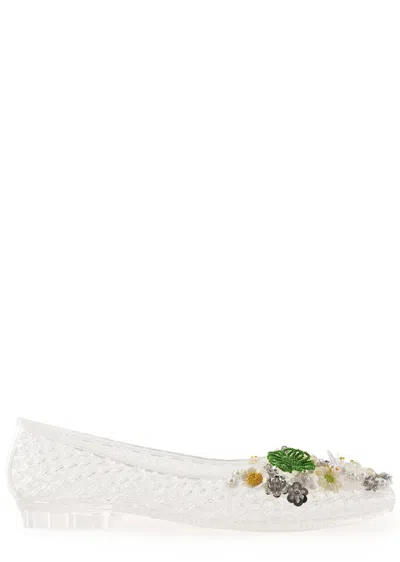 Heavenly Jelly Flower-embellished Jelly Ballet Flats In White
