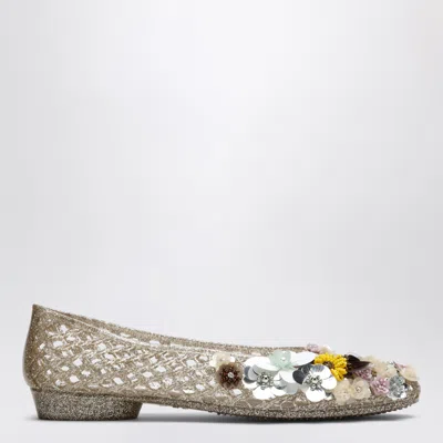 Heavenly Jelly Gold Orchid Ballet Flats In Pvc With Beaded Flowers In Multi
