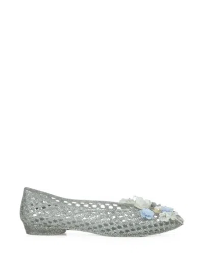 Heavenly Jelly Silver Hibiscus Ballet Flats In Pvc With Beaded Flowers In Multi