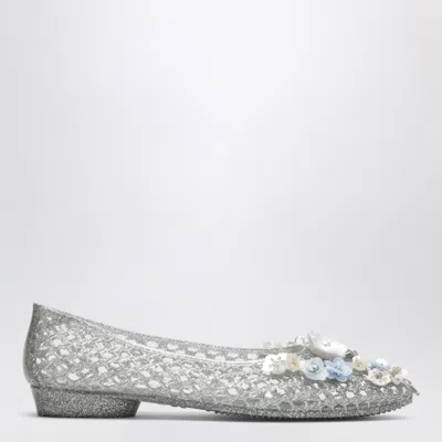 Heavenly Jelly Mini Silver Hibiscus Beaded Floral Ballet Flats