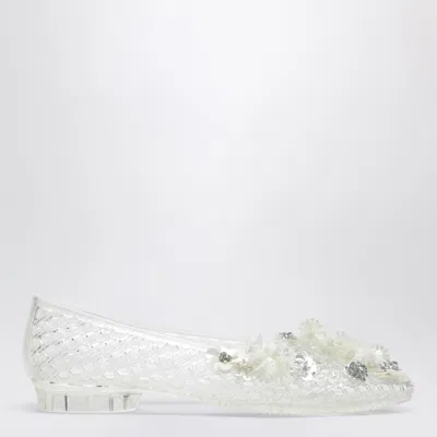 Heavenly Jelly Transparent Lily Ballet Flats In Pvc With Beaded Flowers In White