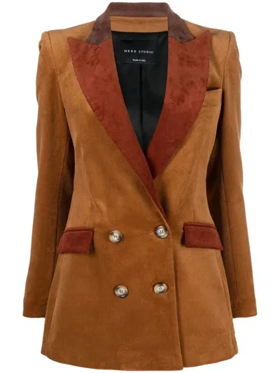 Hebe Studio Contrast-lapel Double-breasted Jacket In Brown