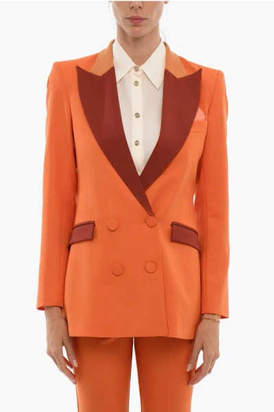 Hebe Studio Flap Pockets Bianca Double Breasted Blazer In Orange