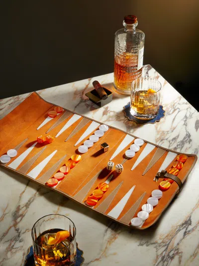 Hector Saxe Leather Travel Backgammon Set  Abask Gift Set In Orange