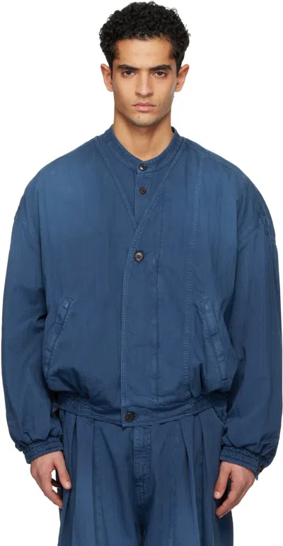 Hed Mayner Blue Herringbone Denim Bomber Jacket