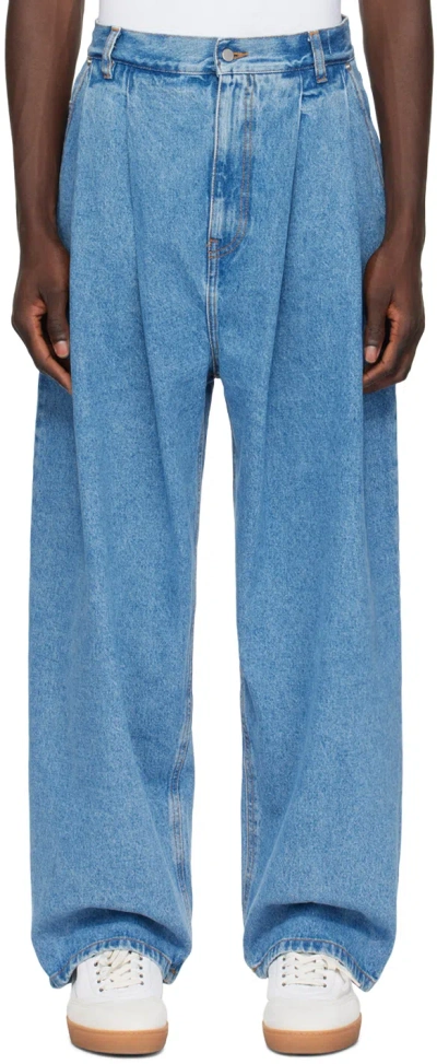 Hed Mayner Blue Pleated Jeans In 460-open Blue