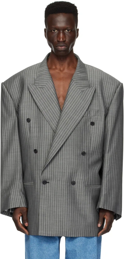 Hed Mayner Gray Striped Blazer In 030-medium Grey