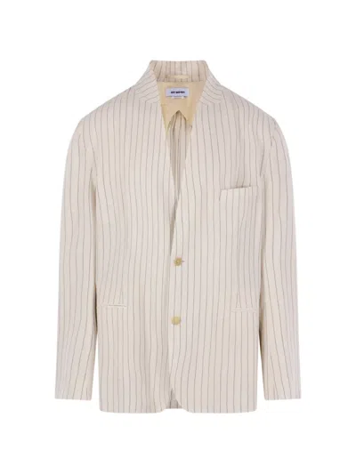 Hed Mayner Pinstripe Collarless Blazer In Neutral