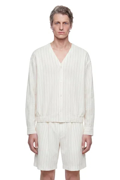 Hed Mayner Pinstriped V-neck Shirt In Linen Cotton Poplin In White
