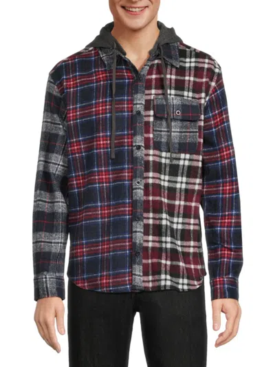 Hedge Men's Checked Hooded Shirt In Red Multi