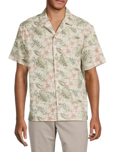 Hedge Men's Leaf Print Linen Blend Shirt In Off White Multi