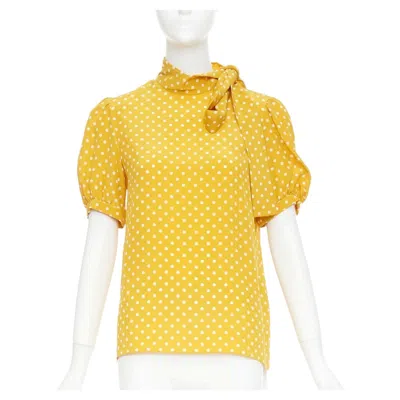 Pre-owned Hedi Slimane Celine 100% Silk Yellow Polka Dot Side Pussybow Puff Sleeves Blouse Top Fr36 S