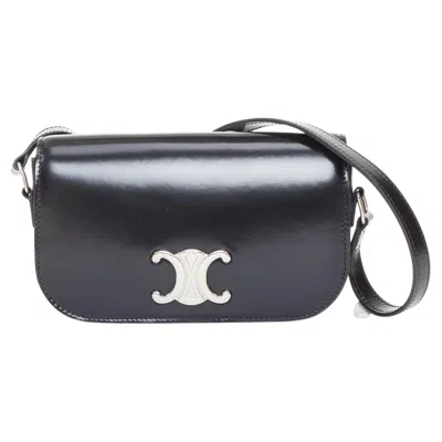 Pre-owned Hedi Slimane Celine 2020 Besace Triomphe Glossed Calfskin Leather Hardware Shoulder Bag In Black