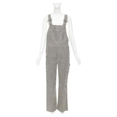 Pre-owned Hedi Slimane Celine 2020 Runway Hickory Grey Striped Logo Buckles Cargo Overalls Dungaree 28" In Gray