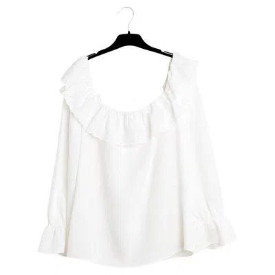 Pre-owned Hedi Slimane Celine 2020 Top Fr40 White Linen Ruffled Blouse Top Uk12 Us10 Céline