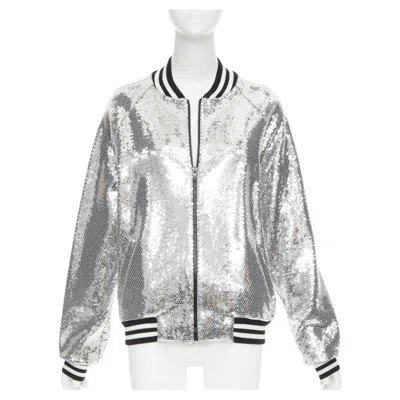 Pre-owned Hedi Slimane Celine 2021 Runway Silver Sequin Cotton White Logo Back Teddy Bomber Jacket Xs