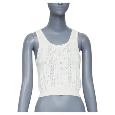 Pre-owned Hedi Slimane Celine 2022 Triomphe Logo Off White Cotton Pointelle Knit Cropped Tank Top S