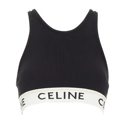 Pre-owned Hedi Slimane Celine Black Cotton Blend Cream Ribbed Logo Round Neck Bra Top Lisa Blackpink In White