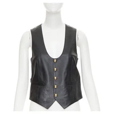 Pre-owned Hedi Slimane Celine Black Lambskin Leather Gold Triomphe Button Waistcoat Vest Fr36 S