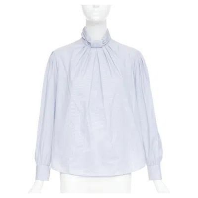 Pre-owned Hedi Slimane Celine Blue White Pinstripe Cotton High Ruched Collar Puff Sleeves Blouse Fr36 S