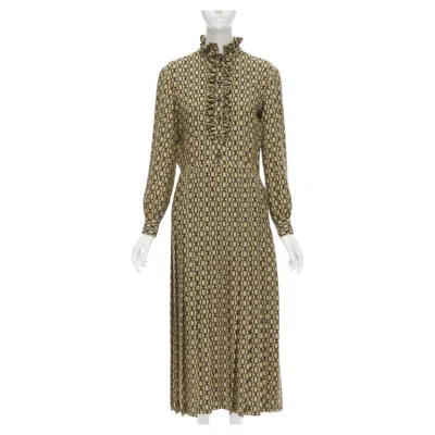 Pre-owned Hedi Slimane Celine  Triomphe Chain Wool Frill Collar Pleated Dress Fr38 S In Brown