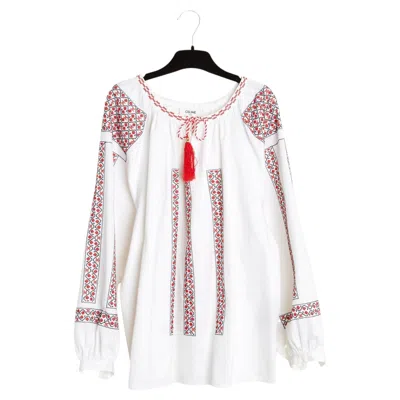Pre-owned Hedi Slimane Celine Top Romy Fr38 White Denim Romanian Embroided Top Blouse Uk10 Us8 Céline