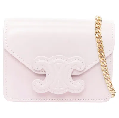 Pre-owned Hedi Slimane Celine Triomphe Lilac Leather Logo Cardholder On Chain Crossbody Bag In Beige