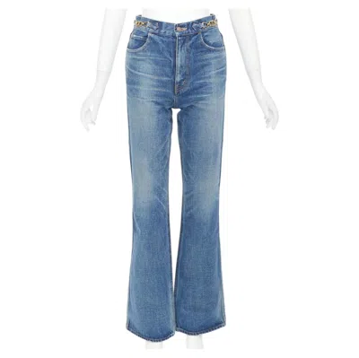 Pre-owned Hedi Slimane Celine W_fl_003 N286 930f 07uw Denim Gold Horsebit Logo Buckles Flare Jeans 26" In Blue